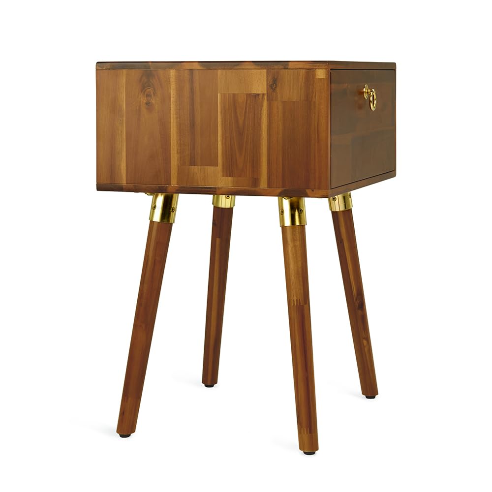 Bme Alden Solid Wood Nightstand/Side Table/End Table, Fully Assembled, with 1-Drawer for Mid Century Bedroom and Living Room, (12mm), Caramel Bme