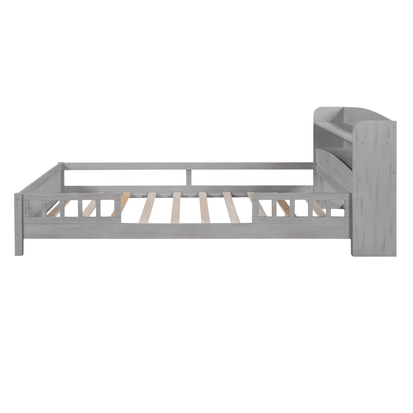 Bellemave Full Size Low Platform Bed with LED Light, Storage Headboard & Safety Rails for Kids in Grey - WoodArtSupply