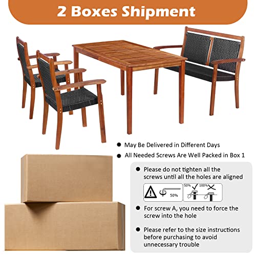 Tangkula 4 Pieces Patio Dining Set for 4, Patiojoy Space-Saving Outdoor Acacia Wood Dining Table and PE Rattan Chairs Set with 1.9” Umbrella Hole, for Garden, Backyard, Deck, Poolside, Balcony Tangkula