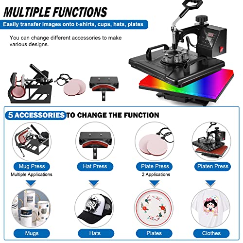 TOPDEEP 5 in 1 Heat Press Machine, 12x15 inch Swing Away Heat Press for Sublimation, T Shirt Pressing Machine Multifunction, Heat Press Transfer Machine Combo for T-Shirt Hat Cap Mug Plate Cap Topdeep