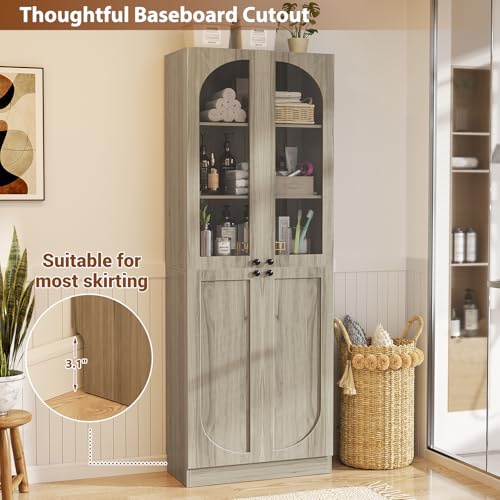 Cyclysio 80" Kitchen Pantry, Tall Arch Storage Cabinet with Tempered Glass Doors, Freestanding Wood Floor Cupboard Bookcase with Seamless Fit Wall for Dining Room, Living Room, Bathroom (Ash Grey) Cyclysio