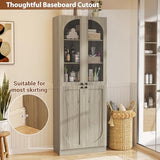 Cyclysio 80" Kitchen Pantry, Tall Arch Storage Cabinet with Tempered Glass Doors, Freestanding Wood Floor Cupboard Bookcase with Seamless Fit Wall for Dining Room, Living Room, Bathroom (Ash Grey) Cyclysio