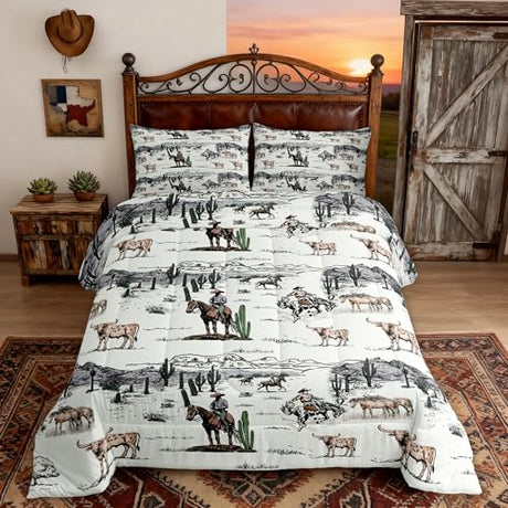 Western Cowboy Comforter Set King Size,Vintage Southwest Style Quilt Set Desert Cactus Cow Horse Animals Bedding Set for Kids Boys Girls Adult Room Decor,Grey Brown White Duvet Insert 3Pcs Castle Fairy