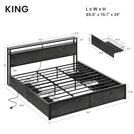 LIKIMIO King Size Bed Frame with 4 Storage Drawers, 2-Tier Storage Headboard with Charging Station, Double Bed Frame King Size for Bedroom, No Box Spring Needed, Easy Assembly, Charcoal Grey LIKIMIO