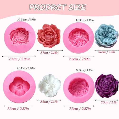 4 Pcs Flower Silicone Molds, Flower Candle Molds for Candle Making,3D Floral Silicone Resin Mold Peony Rose Ranunculus Fondant Mold for Chocolate Cake Decorating Soap Wax Resin Craft