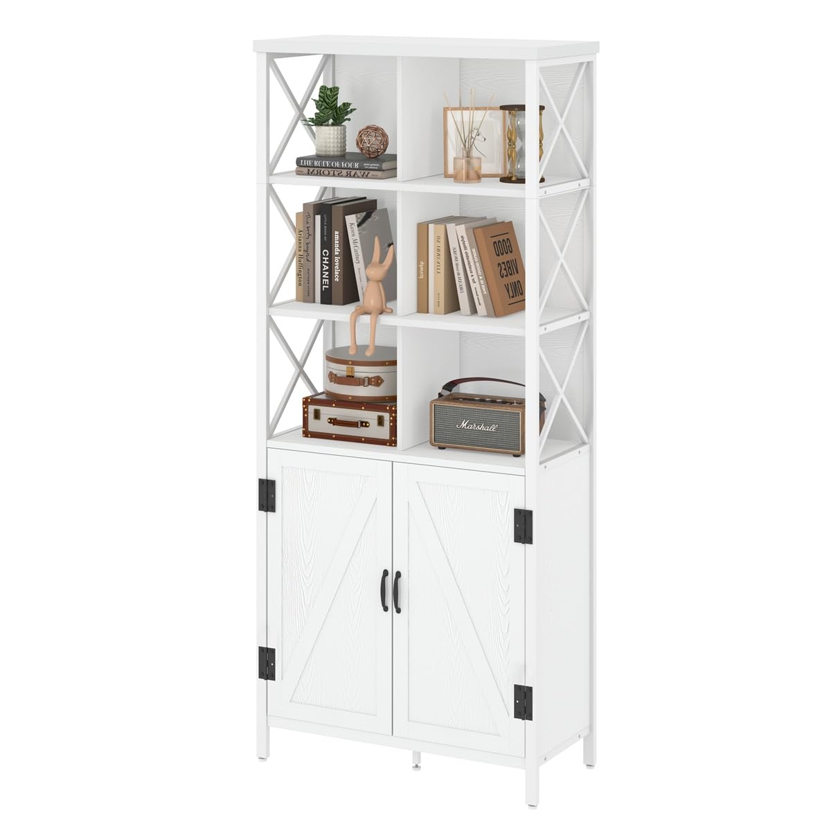 FATORRI Tall Bookcase with Doors - Modern White Oak Metal Shelf & Cabinet Storage FATORRI