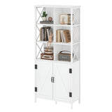 FATORRI Tall Bookcase with Doors - Modern White Oak Metal Shelf & Cabinet Storage FATORRI