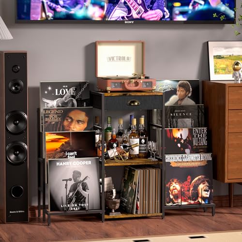 Record Player Stand with Vinyl Storage, Record Player Table with 8-Tier Vinyl Display Holder, Vinyl Record Stand Storage Up to 200 Albums, Turntable Stand with Metal Frame, End Table for Living Room ThreeHio