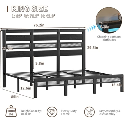 Arviano Home King Size Bed Frame with Storage Headboard, Rustic Industrial Metal Platform Bed Frame with LED Lights and Charging Station, Under Bed Storage, Noise-Free/No Box Spring Needed, Black Arviano Home