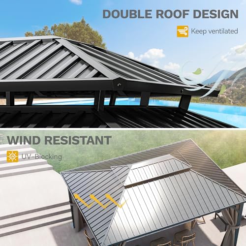 DWVO 12x16ft Hardtop Gazebo Double Roof with Nettings and Curtains, Heavy Duty Galvanized Steel Outdoor Vertical Stripes Roof for Patio, Backyard, Deck, Lawns, Gray - WoodArtSupply