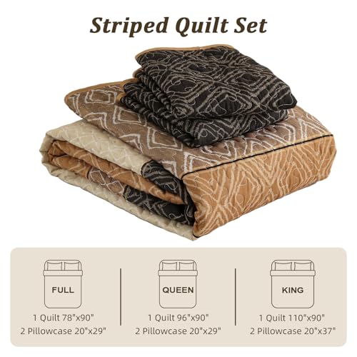 Cottolester Fall Quilt Set Queen Size 3 Pieces,Brown Striped Bedspread,Boho Plaid Bedding Set Soft Microfiber Quilt with 2 Pillow Shams 96"x90" Cottolester