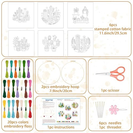 BEUNITONE Cactus Embroidery Kit for Beginners, 6PC Succulent Plant Themed Needlepoint Kits for Adults with Hoops, Threads, Needles, Instructions and Full Kits, DIY Home Decor Craft Gift for Adults BEUNITONE