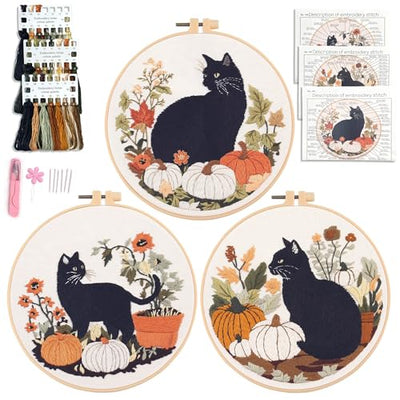 Myfelicity Embroidery kit,Fall Black Cat Embroidery Kit, Set of 3 Hoops, Autumn Pumpkin and Floral Design