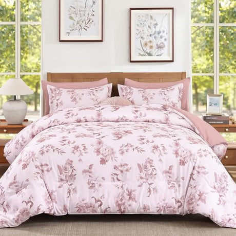 Dinjoy Comforter Set King Size Floral, 7 Piece Pink Bedding with Sheet Elegant Bed in a Bag with Botanical Flowers Lightweight Farmhouse Comforters Modern Decor for All Season Dinjoy