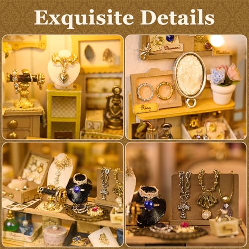 fifijoy DIY Miniature Dollhouse Kit - Jewelry Shop DIY Miniature House Kit for Adults and Teens, 3D Wooden Puzzle Tiny House Model with LED Light, Unique Gift for Family, Friends (Vitrine’s Tale)