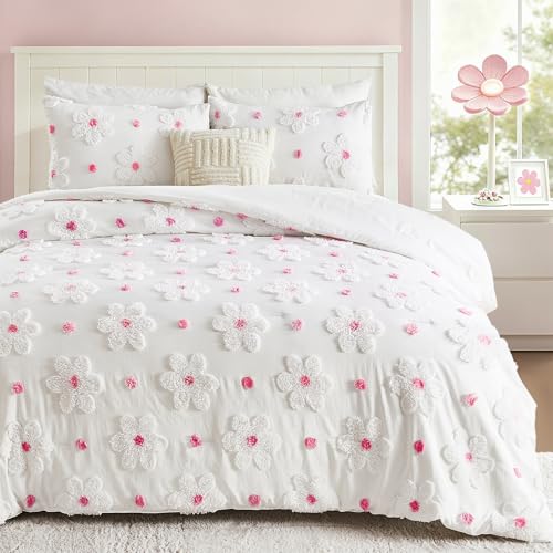 CotComf Full Size Comforter Set for Girls 3 Pieces Tufted Daisies Flowers Pink Floral Bedding Set Cute Comforter Set for Kids, Lightweight Full Bed Set for Kids Teen Girls Women CotComf