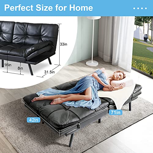 Black Faux Leather Futon Convertible Couch Bed Folding Memory Foam Sleeper Loveseat Adjustable Lounge Futon Sets Sofabed for Living Room,Apartment,Dorm,Office Opoiar