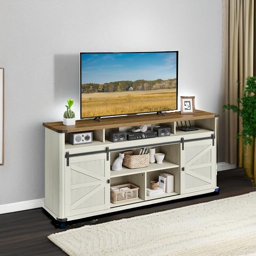 VASAGLE TV Stand for TVs up to 75 Inches, Farmhouse Entertainment Center with Sliding Barn Doors, TV Console Table for Living Room, Rustic White and Honey Brown ULTV323W02 VASAGLE