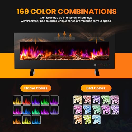Sweetcrispy 50” Electric Fireplace Insert, Wall Mounted & Recessed Fireplace, 1500W Freestanding Fireplace Heater with Remote & Touch Panel Control, Adjustable Flame Effect, 12H Timer for Indoor use Sweetcrispy