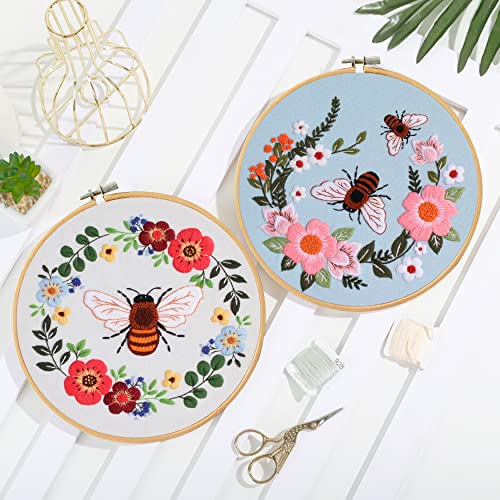 Santune 3 Pack Bee Embroidery Kit for Beginners Adult Cross Stitch Kits Hand Embroidery with Animal Patterns and Instructions,DIY Sets for Women with Hoop,Threads and Needles