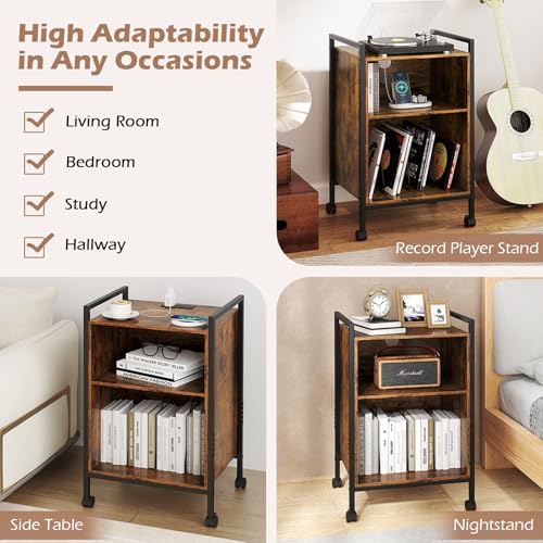 LOKO Record Player Stand with Charging Station, 3-Tier Vinyl Turntable Stand On Wheels with Open Shelves, Metal Dividers, Industrial End Table Turntable Holder for Bedroom, Living Room LOKO