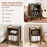 LOKO Record Player Stand with Charging Station, 3-Tier Vinyl Turntable Stand On Wheels with Open Shelves, Metal Dividers, Industrial End Table Turntable Holder for Bedroom, Living Room LOKO