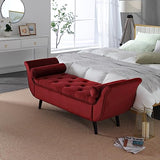 Hdxdkog Velvet Storage Bench for Bedroom End of Bed, 65" Upholstered Rolled Armed Button Tufted Stool Bench, Storage Ottoman Long Bench with with 2 Pillows for Entryway (Wine Red) Hdxdkog