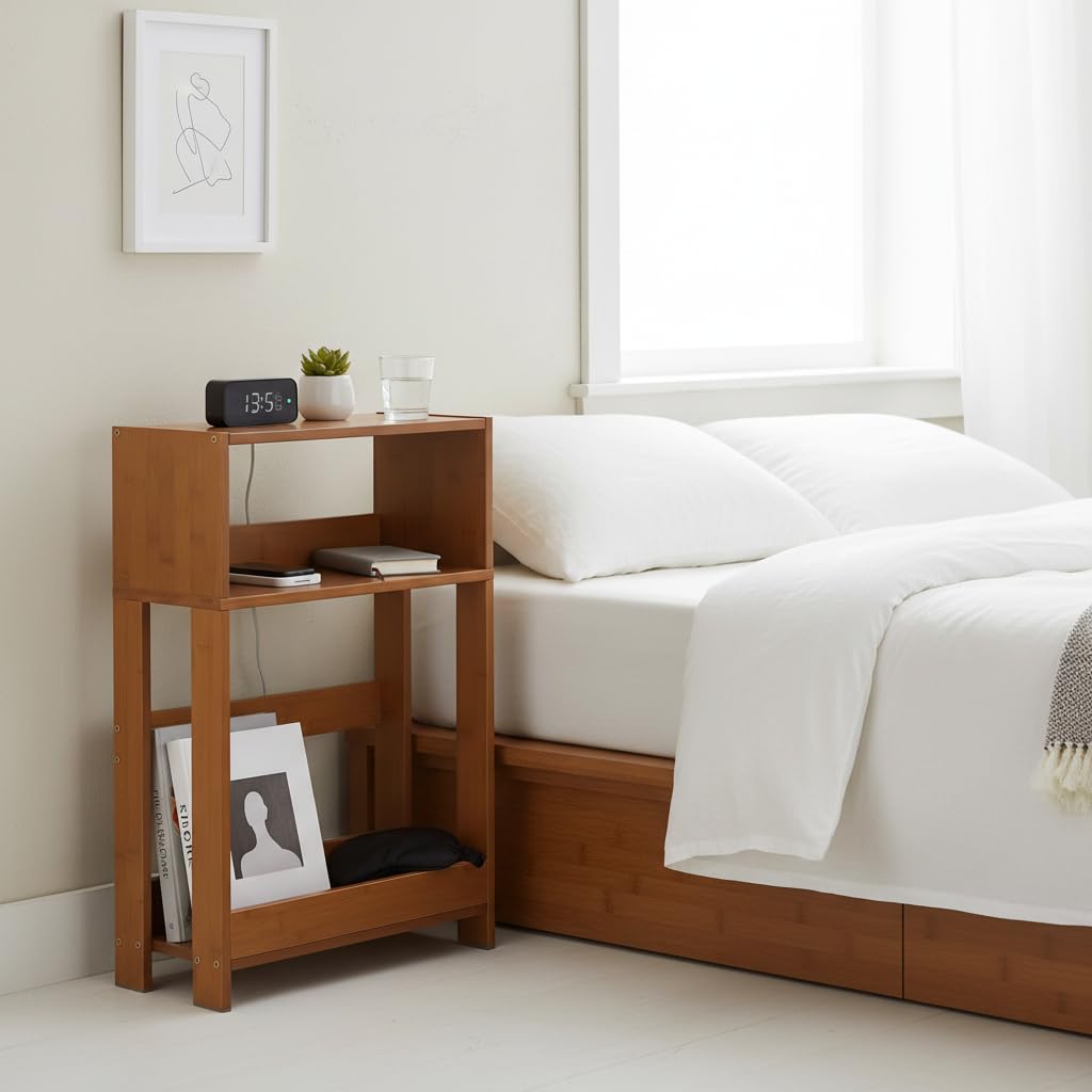 ZEXVIDA Narrow Side Table, 7 Inch Slim Bamboo Nightstand with 3-Tier Storage & Built-in Bookshelf, Small Space-Saving End Table for Living Room, Bedroom, Couch ZEXVIDA