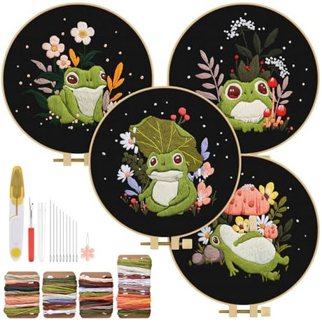 TINDTOP 4 Pack Embroidery Kit for Adult, Embroidery DIY Starter Kit, with Stamped Patterns, Hoop, Tools, Colorful Threads with Needles, Instructions TINDTOP