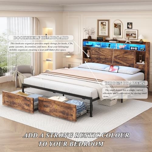 TIGUBFRE King Size Bed Frames with Storage Headboard and 4 Drawers, Farmhouse Platform Bed Frame with Charging Station & LED Lights, Metal Slats Support, Noise Free, No Box Spring Needed, Rustic Brown TIGUBFRE