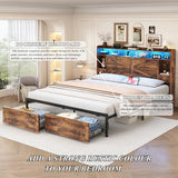 TIGUBFRE King Size Bed Frames with Storage Headboard and 4 Drawers, Farmhouse Platform Bed Frame with Charging Station & LED Lights, Metal Slats Support, Noise Free, No Box Spring Needed, Rustic Brown TIGUBFRE