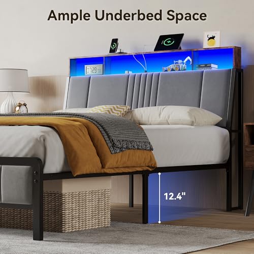 BedsPick Full Size Bed Frame with Ergonomic Headboard, Upholstered Metal Platform Bed Full with 2-Tier Storage, Charging Station, Smart LED Lights, Easy Assembly, No Box Spring Needed, Gray BedsPick