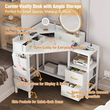 Espelism Corner Vanity Desk with Charging Station, 49.6" Makeup Table with Fabric Drawers & Side Pocket, Space-Saving Dressing Table for Small Space Bedroom Dorm(White) Espelism