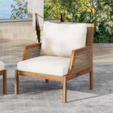 Christopher Knight Home Lena Patio Accent Chair, Acacia Wood Club Chair, Wicker Backrest Armchair, Upholstered Cushion Seating, Wooden Chairs for Balcony Backyard Garden, 23.5" 400lbs Teak+Cream Christopher Knight Home