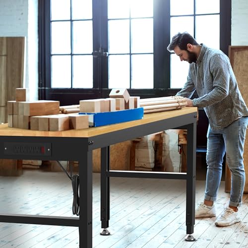 Antifir 60" Heavy Duty Workbench 1800 Lbs Capacity Solid Wood Working Bench Adjustable Height Work Tables with Power Outlets for Garage Shop Home Office Antifir