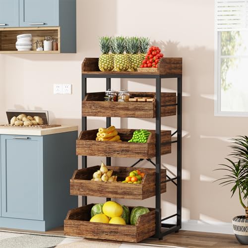 Tribesigns Wood Fruit and Vegetable Storage Rack, 5-Tier Pull-Out Snack Stand Fruit Basket Stand, Utility Shelf Organizer for Kitchen, Living Room, Bedroom, Rustic Brown - WoodArtSupply