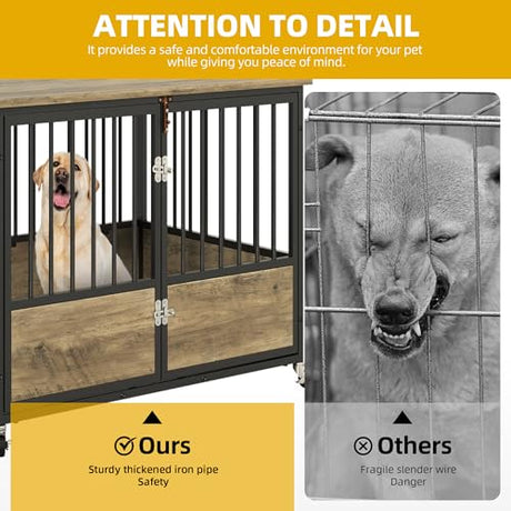 DWVO Dog Crate Furniture with Wheels, 43 Inch Dog Kennel Indoor Furniture End Table Dog Crate for Dogs, Farmhouse Decorative Wooden Dog Cage Table with Double-Doors, Chew-Resistant, Greige DWVO