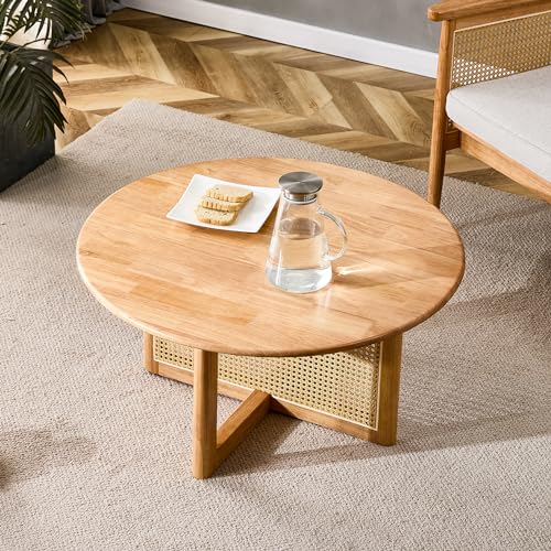 WIIS' IDEA 33In Round Wood Coffee Table,Natural Wood Coffee Tables for Living Room,Modern Rattan Small Coffee Table,Solid Wood Coffee Tea Table