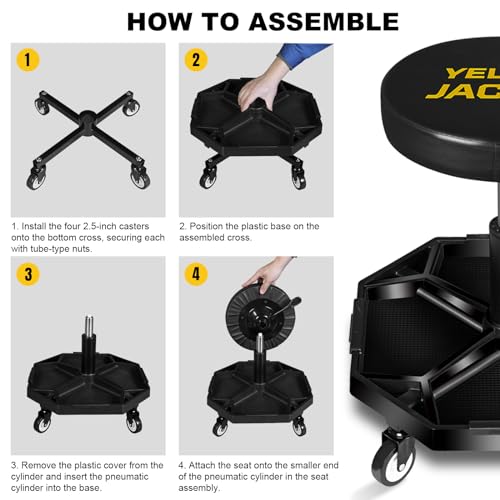 YELLOW JACKET Rolling Garage Seat Adjustable Pneumatic Shop Creeper Seat 300Lbs Mechanic Stool with Wheels and Removable Tool Tray Storage Workshop Chair for Auto Repair YELLOW JACKET