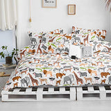 BlueBlue Safari Kids Duvet Cover Set Queen, 100% Cotton Bedding for Boys Girls Teens Lion Elephant Rhino Giraffe Zebra Zoo Print on White, 1 Full Soft Comforter Cover 2 Pillow Shams BlueBlue
