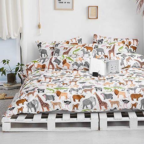 BlueBlue Safari Kids Duvet Cover Set Queen, 100% Cotton Bedding for Boys Girls Teens Lion Elephant Rhino Giraffe Zebra Zoo Print on White, 1 Full Soft Comforter Cover 2 Pillow Shams BlueBlue
