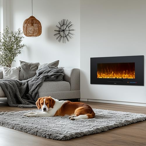 Oxhark Flame 42 inch Recessed and Wall Mounted Realistic Electric Fireplace with Multicolor Flame, 750/1500W Thermostat & Timer, Touch Screen & Remote Control, Black Oxhark Flame