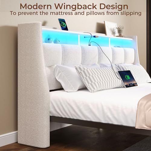 Rolanstar Full Size Bed Frame with LED Lights and Charging Station, Upholstered Headboard with 2-Tier Storage Shelves, Heavy Duty Metal Frame, Noise-Free Support, Easy Assembly, No Box Spring Needed Rolanstar