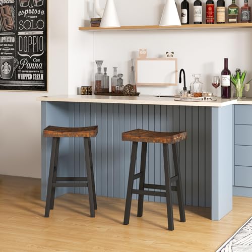 Giantex Bar Stools Set of 2, 29" Bar Height Saddle Stools, Bar Dining Chairs with Rubber Wood Frame & Footrest, Backless Barstools for Kitchen Island, Dining Room, Pub, Rustic Brown - WoodArtSupply