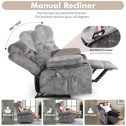 linting Overstuffed Massage Recliner Chair with Heat, Wide Seat Reclining Chair for Home Theater, Heated Massaging Manual Recliner Chairs with Cup Holders, Grey
