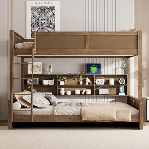Merax Wooden Bunk Beds Full XL Over Queen for Teens Adults, Farmhouse Full XL Over Queen Low Bunk Bed with Storage Shelves and Charging Station and Inclined Ladder for Dormitory, Wood Merax