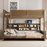 Merax Wooden Bunk Beds Full XL Over Queen for Teens Adults, Farmhouse Full XL Over Queen Low Bunk Bed with Storage Shelves and Charging Station and Inclined Ladder for Dormitory, Wood Merax