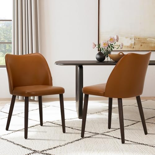 COLAMY Upholstered Dining Chairs Set of 4, Modern PU Leather Dining Room Kitchen Side Chair with Padded Seat and Wood Legs Restaurant/Cafe,Light Brown COLAMY