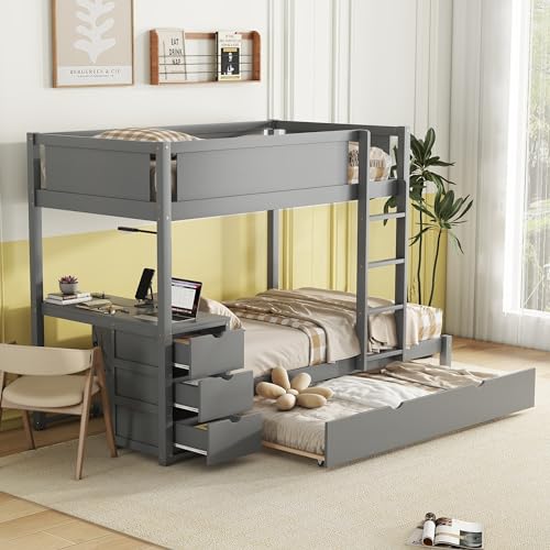 Modern Bunk Bed with Pull-out Trundle and Desk for Kids Boys Girls, Solid Wood Bed Frame with 3 Storage Drawers and USB Ports for Home Apartment, 3 Beds in 1 Design Bed Foundation No Box Spring Needed