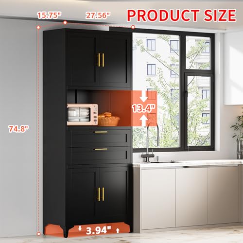 FogQueen 75" Tall Metal Storage Cabinet,Pantry Storage Cabinet with 2 Drawers and Open Space,Kitchen Cupboard with Adjustable Shelves,Multi-Functional Cabinet for Living Room,Bathroom,Garage (Black) FogQueen